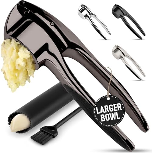 Zulay Kitchen Large Premium Garlic Press Set – Rust Proof & Dishwasher Safe, Bigger Bowl Garlic Mincer Tool with Silicone Garlic Peeler & Brush, Easy Squeeze & Clean, Ergonomic Handle - Dark Gray