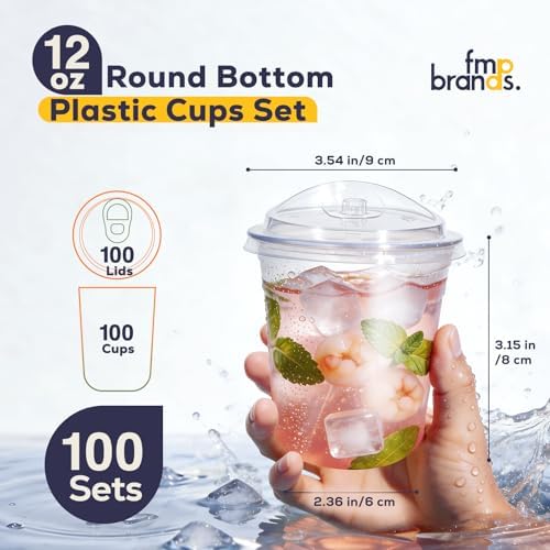 Fit Meal Prep 100 Pack 12 oz Round Bottom Clear Plastic Cups with Strawless Sip Lids, Disposable Iced coffee cups with lids, BPA-Free To Go Cups for Smoothies, Matcha, Party Drinks, Cold Beverage