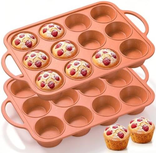 Vinino 2 Pack 12 Cups Silicone Muffin Pan with Stainless Steel Frame-Orange