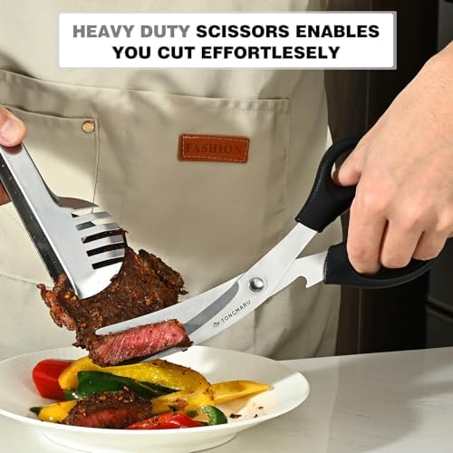 Kitchen Scissors Heavy Duty BBQ Shears, Super Sharp All Purpose Cooking Poultry Shears, Korean Barbeque Scissors with Anti-slip Handle, Serrated Blades with Bottle Opener function