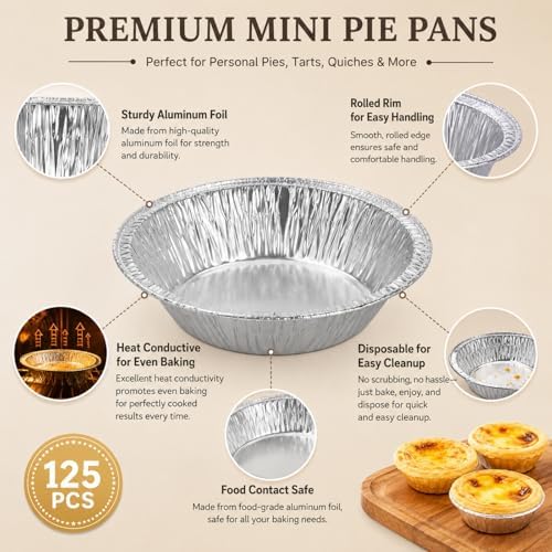RHBLME 125 PACK Mini Pie Tins, 5 Inch Aluminum Foil Pie Pans Heavy Duty Small Pie Tins, Pot Pie Pans For Bakeries, Cafes, Restaurants, Durable Mini Tart Pans for Pie, Fruit Tarts, Quiche