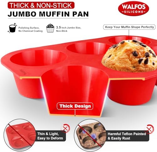 Walfos Silicone Texas Muffin Pan Set- 6 Cup Jumbo Silicone Cupcake Pan, Non-Stick, Just Release! Perfect for Egg Muffin, Big Cupcake - BPA Free and Dishwasher Safe, Set of 2