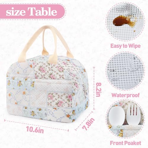 Cotton Quilted Insulated Lunch Bag, Reusable Quilted Floral Lunch Tote Bags