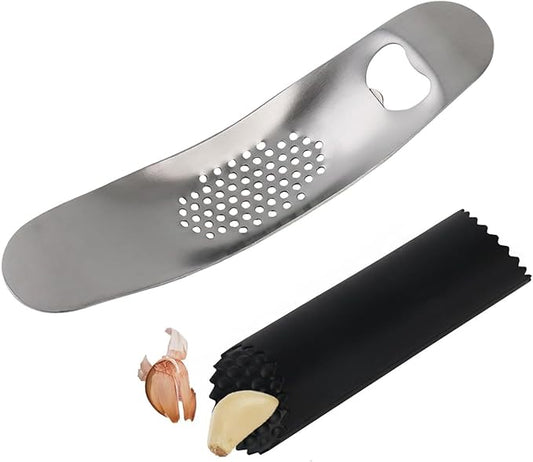 Garlic Press Rocker Stainless Steel, Manual Garlic Mincer Crusher with Silicone Peeler Set, Heavy Duty Ginger Smasher with Bottle Opener for Kitchen, Dishwasher Safe, Silver & Black