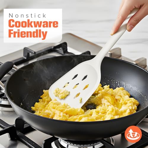 Silicone Spatula Set of 2 Pack, Heat Resistant Solid&Slotted Turner (WHITE)