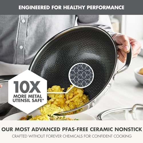 GreenPan Spectra 12" Wok Pan with Lid, Hybrid Tri-Ply Stainless Steel, PFAS-Free Ceramic Nonstick Textured Cooking Surface, Induction Cookware, Dishwasher Safe, Oven & Broiler Temp to 850˚F