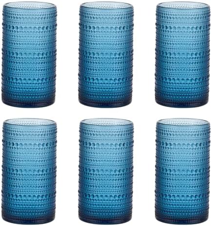 Large Vintage Hobnail Drinking Glasses Set of 6, 16oz Blue Highball Glasses Cups, Kitchen Water Glasses Cup, for Cocktail, Juice, Whiskey, Milk and Various Mixed Drinks