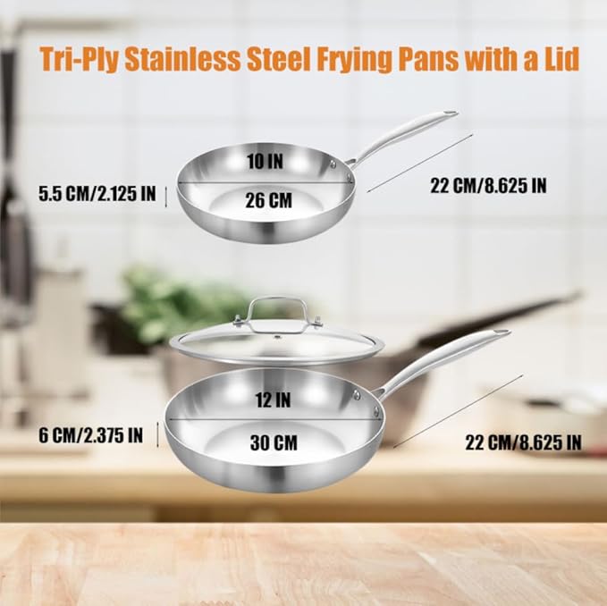Inqibee 10-12 Inch Tri-Ply Stainless Steel Frying Pans with a Lid,Small Sauté Pan Set,Skillets,Induction Cooking Pans,Pots and Pans Set,Dishwasher and Oven Safe.