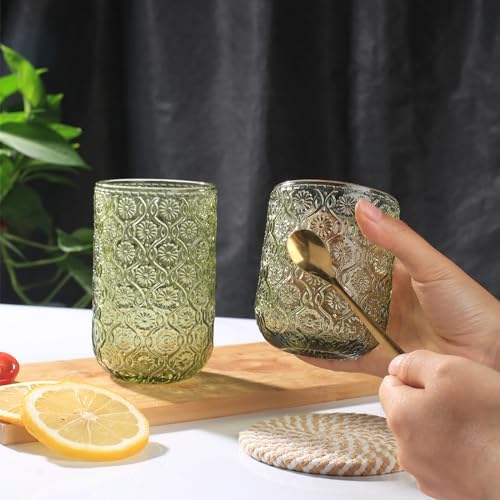 Set of 8 Vintage Embossed Glassware,4 Highball Glasses 14oz & 4 Rocks Drinking Glasses 9oz, Art Deco, for Wine, Water, Cocktail, Juice, Whiskey, Gift (Green)