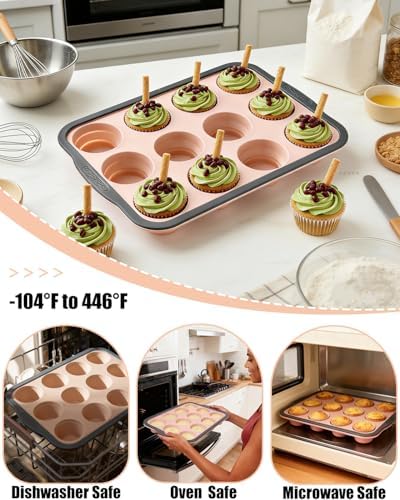 Silicone Muffin Pan for Baking with Metal Frame， Nonstick Cupcake Pan， 12 Cup Baking Pan for Cupcake, Tarts, Egg Bites(12 Cup Pink)