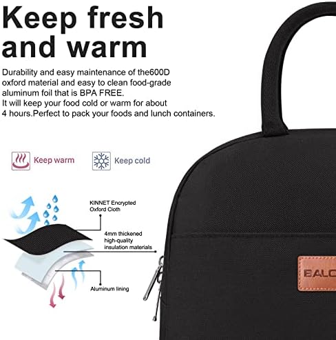 BALORAY Lunch Bag for Women Men Adult Lunch Box (Solid black), L