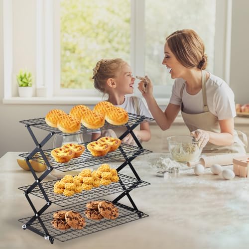 INNOVATIVE LIFE 4-Tier Collapsible Cooling Rack with 3-Setting Adjustable Design, Space Saving Metal Food Display Stand, Stackable Multi-Purpose Roasting Cooling Rack for Baking Cooking Cookies Picnic