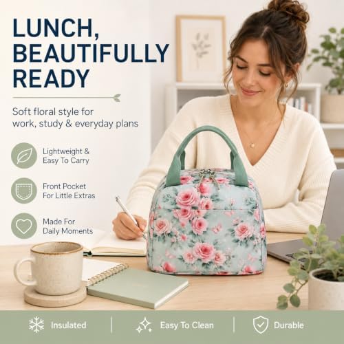 Bluboon Lunch Box for Women Cute Lunch Bag Reusable Insulated Lunch Bags Large Capacity Lunchbox Cooler for Work Picnic or Travel Gifts (Pink Rose Bow 282, 10 x 7.5 x 8 inches)