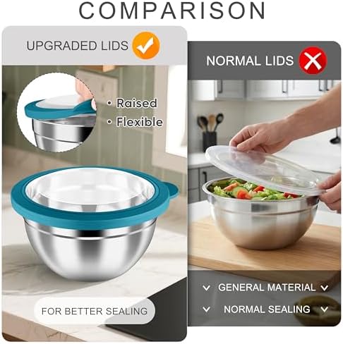 HaWare Mixing Bowls with Airtight Clear Lids, 6-Piece Stainless Steel Strong Nesting Bowls Set, Metal Salad Bowl for Cooking, Prepping, Baking, Serving & Food Storage, Size 4.6, 3, 1.5QT, Teal Blue
