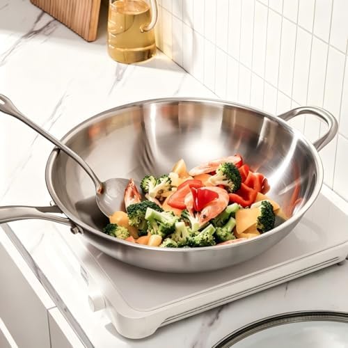 14 inch Stainless Steel 316 Wok with Lid, Stir-Fry Pans, Dishwasher and Oven Safe, Works on Induction (14 inch with Lid)
