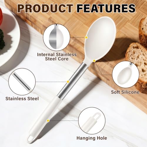 3Pcs Silicone Cooking Spoon Set, Kitchen Utensils Include Solid & Slotted Spoon, Soup Ladle, Food-Grade Heat Resistant 446°F, Non-Scratch Spoons for Serving, Stirring, Draining, Dishwasher Safe, Beige