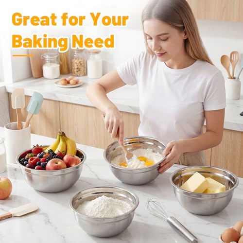 Beasea Mixing Bowls with Lids, 3 Pack 3.4 QT Kitchen Stainless Steel Mixing Bowls with Lids, Metal Nesting Set for Baking, Prepping, Serving, Salad and Food Storage
