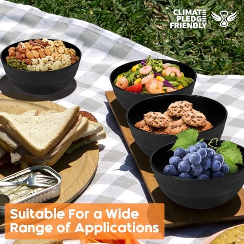 Unbreakable Cereal Bowls Set of 8, 26 Oz Wheat Straw Bowl Sets, Microwave & Dishwasher Safe Bowls for Kitchen, Reusable Plastic Bowl for Soup, Salad, Rice, Snack, BPA Free, Balck