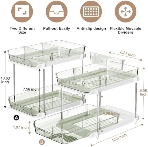 Delamu 2-Tier Multi-Purpose Bathroom Under Sink Organizers and Storage, Stackable Kitchen Pantry Organization, Pull Out Medicine Cabinet Organizer with Movable Dividers, Light Green, 2 Pack