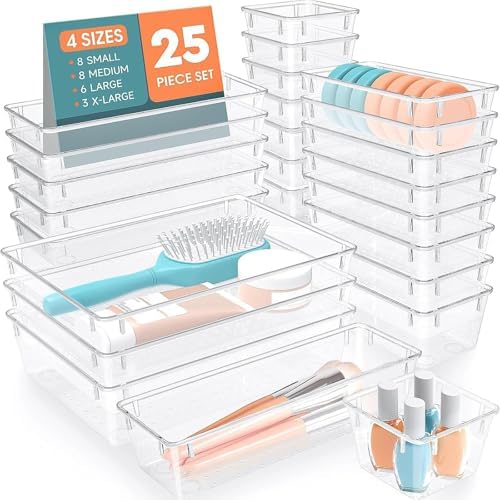 SpaceHacks 25 PCS Plastic Drawer Organizer, 4-Size Versatile Organizer Trays & storage Bins