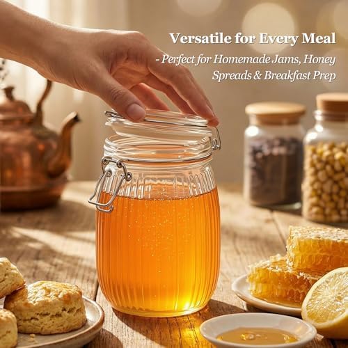 ComSaf Ribbed Glass Pantry Jars with Airtight Lids 34 oz 3 Pack Coffee