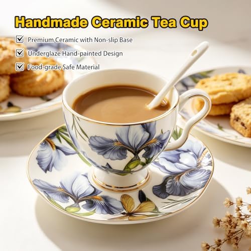 Bone China Tea Cup and Saucer Set with Spoon, 7 oz Blue Iris Gold Trim