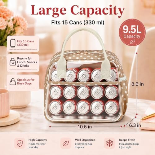 CAMTOP Lunch Box for Women Men Insulated Lunch Bag Lunch Tote Bag Leakproof Thermal Cooler Large Capacity for Travel Work School Picnic (Polka Dot Brown, Medium)