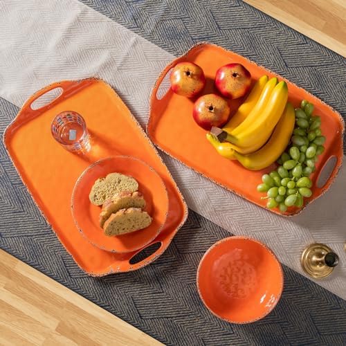 Melamine Serving Tray with Handles, 19“ x 12" Vintage Rustic Large Rectangular Melamine Serving Platter for Serving Food, Breakfast Tray, Set of 2, Dishwasher Safe, Orange