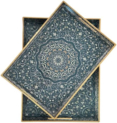 Decorative Tray, Blue Serving Tray with Handles, Set of 2, Plastic Coffee Table Tray for Living Room, Ottoman, Bathroom, Kitchen, Decor, Large 15.7”*11.8”, Small 13.7"*9.8"