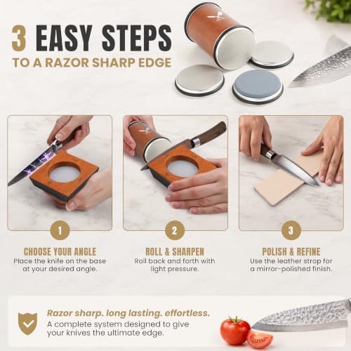 Premium Rolling Knife Sharpener Kit, 4 Angle - 400/1000/3000 Diamond & Ceramic Discs, 2 Extra Replacement Discs, Leather Strop, Anti-Cut Gloves & Carry Case, Knife Sharpening Kit for All Knives
