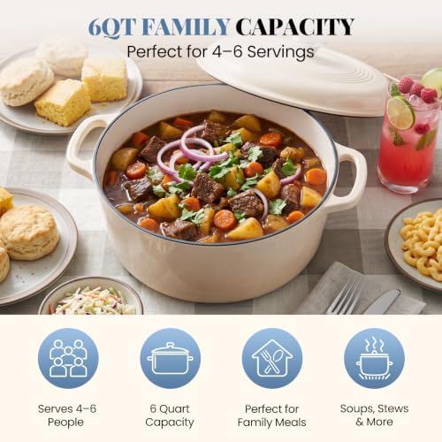 DUMOS Cast Iron Dutch Oven, 6 Quart Pot with Lid, Enameled Heavy Duty Cookware, Oven Safe to 500°F, Perfect for Bread Baking, Stews and Roasting, Moisture Sealing Lid with Dual Handles, Beige