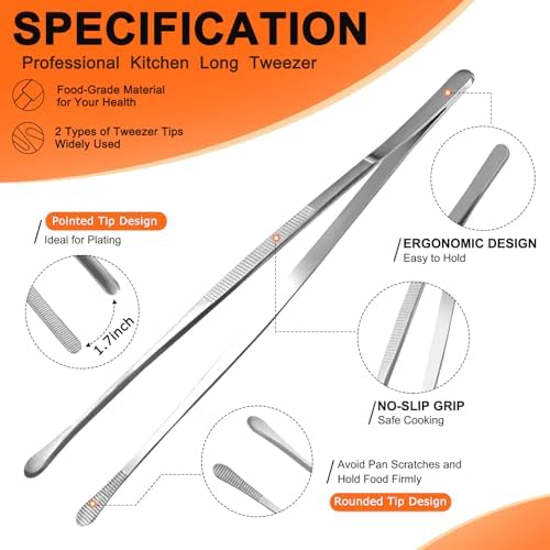 12-Inch Cooking Tweezers, 2-Pack Stainless Steel Kitchen Tongs