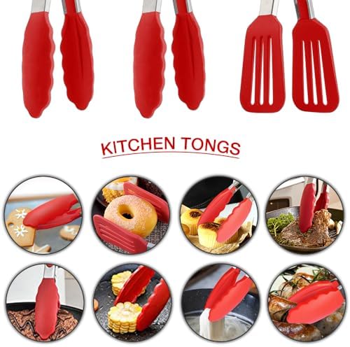 9 Inch Cooking Tongs with Silicone Tips Set of 3(Red)