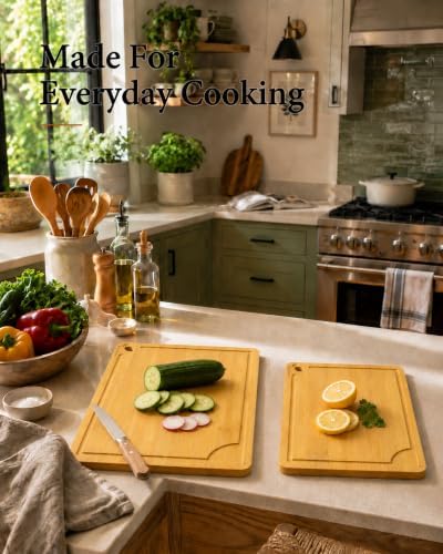 Extra Large and Large Cutting Board Set of 2, Bamboo Cutting Board Set with Deep Juice Groove Side Handles,Butcher Block Style for Kitchen,Charcuterie, Meat, Vegetables and Fruit