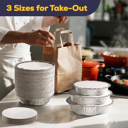 Fit Meal Prep 50 Pack 7” Round Aluminum Foil Pans with Lids, Pie Tins Disposable 7 inch with Lids, Take Out Containers, Freezer Oven Safe Aluminum Baking Pans for Storing, Cooking, Storage, Reheating