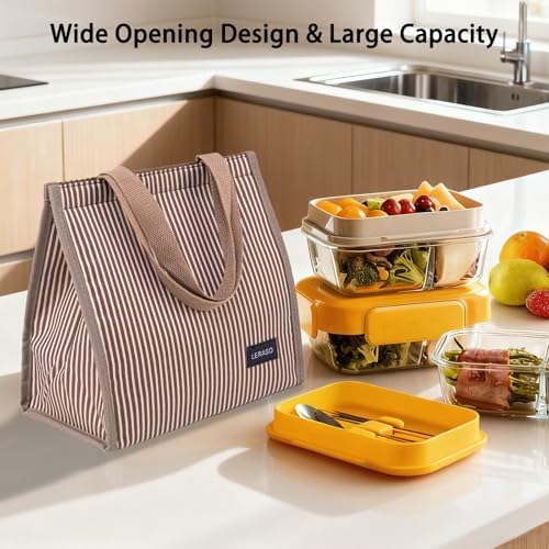Insulated Lunch Bag for Work, 10.2"x5.9"x10.2" Oxford Waterproof Lunch Tote, Thermal Lunch Box for Office, Picnic & Outdoor, Pink and White Striped Canvas Tote Bag