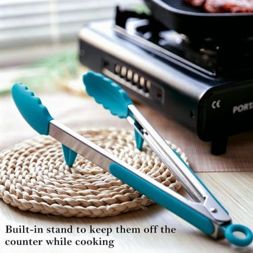 Kitchen Tongs for Cooking with Silicone Tips, 3 Size Mini Tong Peacock Blue