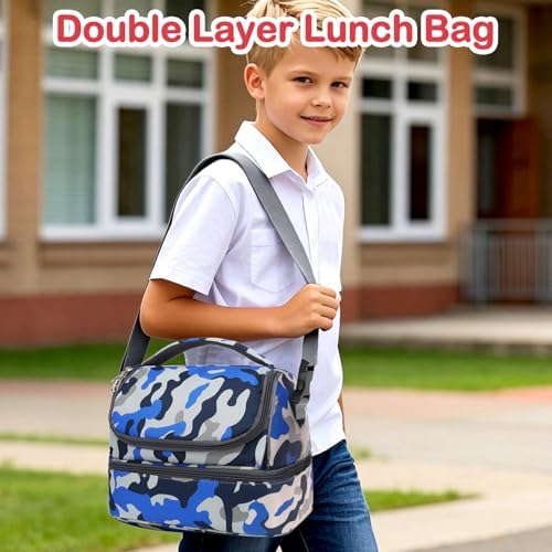 FlowFly Kids Double Decker Cooler Insulated Lunch Bag Large Tote for Boys, Girls, Men, Women, With Adjustable Strap, Blue Camo