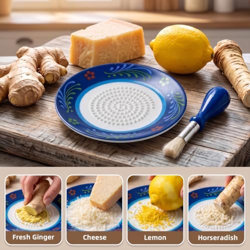 Ceramic Garlic Grater Plate Set – Hand-Painted Floral 4-Piece Set with Silicone Peeler, Cleaning Brush & Display Stand – Porcelain Grater Dish for Garlic & Ginger (Blue)
