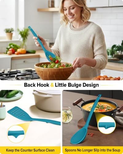 BUNDLEPRO Silicone Cooking Utensils Set, 4 Pcs Spatula and Spoon Set, Blue