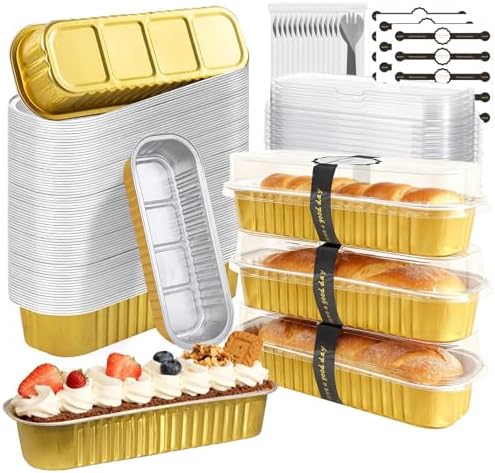 Mini Cake Pans with Lids and Spoons 200 Pack, Mini Loaf Pans with lids 6.8oz, Small Disposable Aluminum Foil Loaf Pans, Rectangular Baking Container for Party, Picnics and Housewarming (Gold)