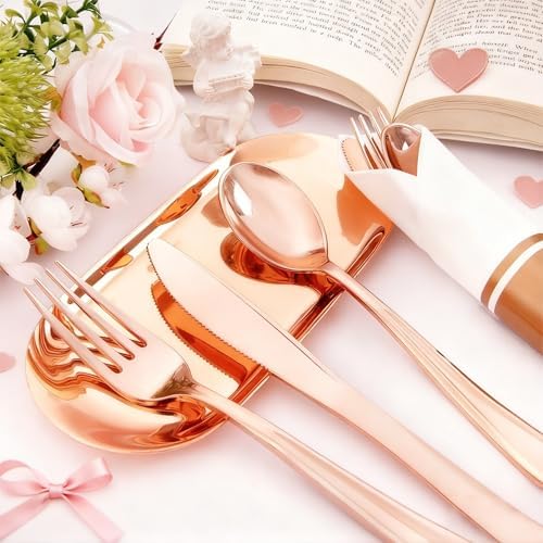 Liacere 100Pack Rose Gold Plastic Silverware - Pre Rolled Napkins with Rose Gold Cutlery - Wrapped Silverware Set Disposable100 Forks Knives Spoons Wrapped Utensils for Wedding ＆ Party