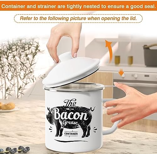PGYARD Bacon Grease Container with Strainer-46OZ Enamel Keeper with Spatula