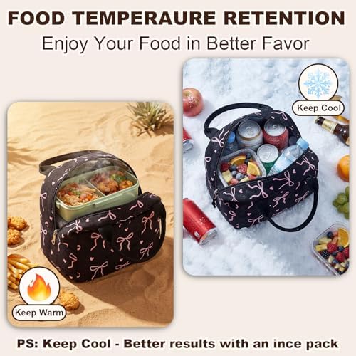 LEDAOU Lunch Box for Women Insulated Lunch Bag Corduroy Lunch Tote Bags Leakproof Cooler Lunch Case for Travel Work Picnic (Bow Tie Black)