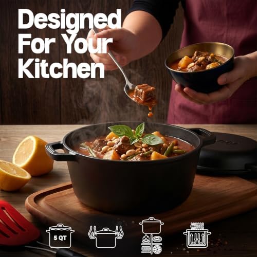 KICHLY Cast Iron Dutch Oven 5 QT with Skillet Lid Pre-Seasoned PFAS-Free