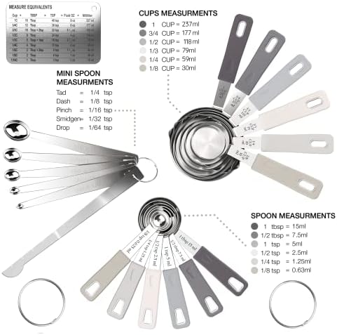 CuttleLab 22-Piece Stainless Steel Measuring Cups and Spoons Set, Tad Dash Pinch Smidgen Drop Mini Measuring Spoons, Measuring Stick Leveler, Measurement Conversion Chart Fridge Magnet, (Charcoal)