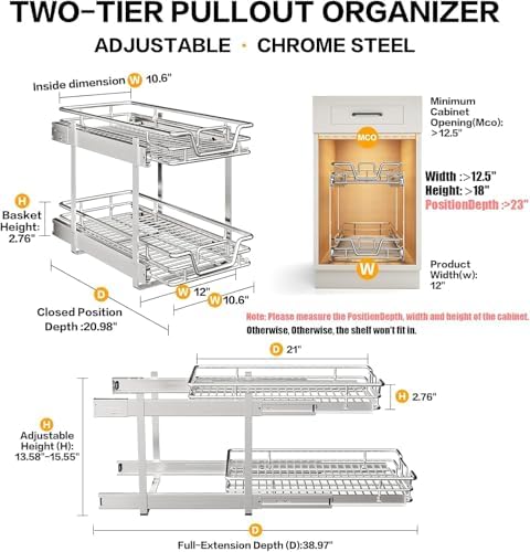 2-Tier Kitchen Cabinet Pull Out Shelf and Drawer Organizer Slide Out Pantry Storaqe Basket in Multiple Sizes (11" W x 18" D)