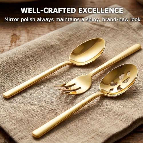 Serving Spoon x 2,Slotted Serving Spoon x 2,Serving Forks x 2,RTT 9 Inch Stainless Steel Catering Serving Utensils for Party Buffet Dinner Banquet Kitchen Basics (Golden Titanium Finish)