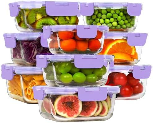 18 Piece Glass Food Storage Containers with Snap Locking Lids for Meal Prep