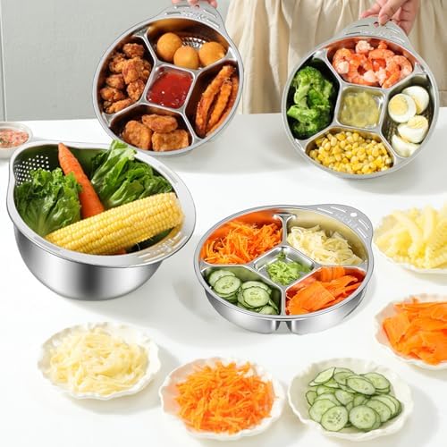 Rice Washer Strainer Bowl with Vegetable Divider Tray, Stainless Steel Rinser Washing Bowl, Small Colander Rice Strainer Versatile Kitchen Tool for Quinoa, Vegetables, Fruits, Beans Cleaning